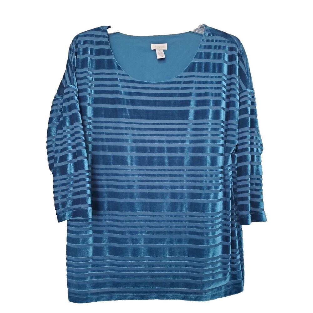 Chico's Teal Mesh Velvet Striped Scoop Neck 3/4 Sleeve Blouse Size 1 Medium